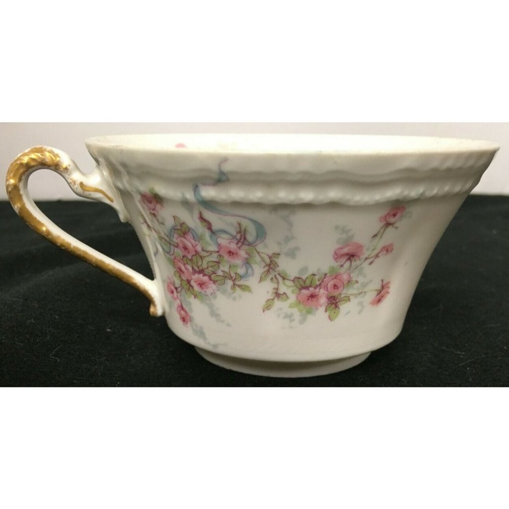 Theodore Haviland Limoges France Tea Cup Pink/ Green Flowers and Blue Ribbon